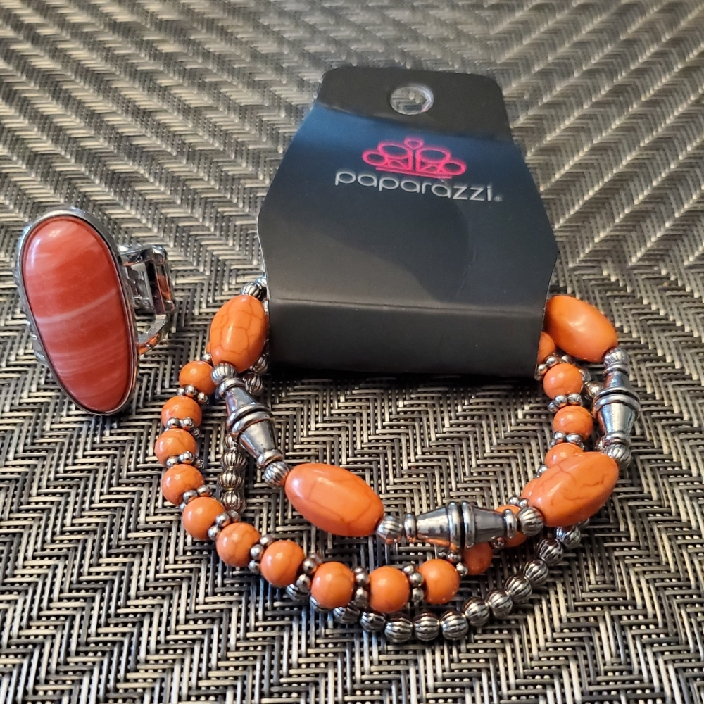 paparazzi Orange Bead and Silver-Tone Multi-Strand Bracelet with Orange Ring